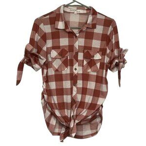 Maternity Eden & Olivia Pink & White Button Down Blouse Plaid Size Med EUC #4195